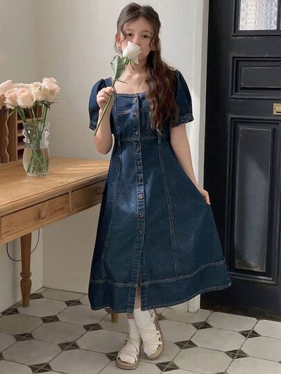 Hapijoa Tween Girls Square Neck Short Sleeve Denim Dress For Summer,Back To School Clothes