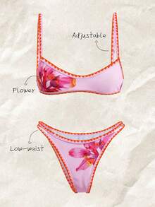 Elavelle Conjunto de microbikini con volantes de crochet en crema, amarillo y rosa con estampado floral, para primavera/verano - Multicolor - Ver 3