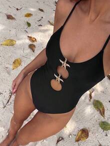 Bonvoyette Áo tắm liền thân thanh lịch dành cho nữ, màu đen, chất liệu nylon, kiểu dáng sang trọng, thích hợp cho bãi biển, hồ bơi, tiệc tùng và kỳ nghỉ, mùa xuân/hè. - màu đen - Xem 5