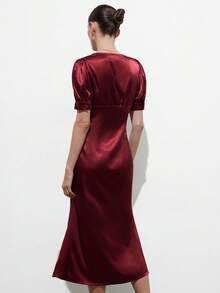 Aveloria Modichic Maxi Dress Satin Acetate Fabric Slim Fit Waist V-Neck Lace Patchwork Ruched Tie-Front Bubble Short Sleeve Elegant Dating Vintage Red Dresses For Women Elegant Dresses For Party Wedding Guest Dress For Women Elegant Party Dresses For Women - Burgundy - View 6