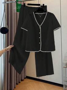 SHEIN LUNE 大码优雅提花针织蕾丝边休闲通勤外套及长裤套装，适合派对、下午茶、春夏穿着 - 黑色 - 查看 4