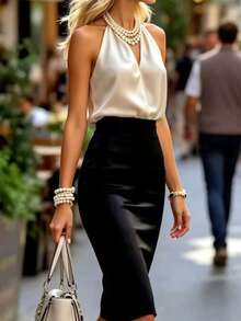 Ellegaria. Bộ 2 món: Áo satin không tay cổ buộc dây màu trơn + Chân váy ôm sát eo khóa kéo màu trơn, thích hợp cho mùa xuân, hè, thu, đông, phong cách thường ngày, thanh lịch, in họa tiết, hẹn hò, thư giãn, công sở, văn phòng, đa năng, thời trang, mặc hàng ngày, đi biển. - Màu be - Xem 7