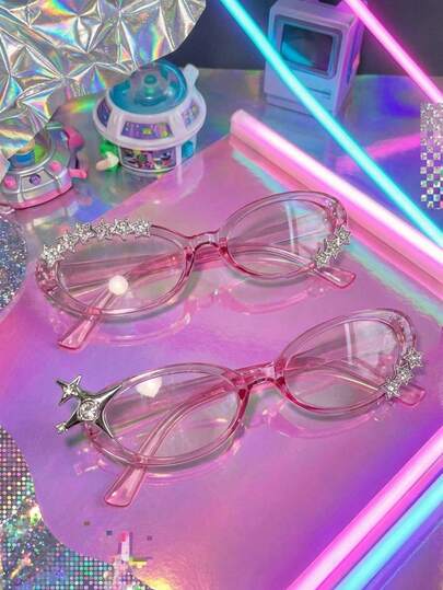 Joivida 新款 Abi Y2K 复古粉色猫眼眼镜，超大修脸平框镜片。完美适用于街头风、通勤、约会、旅行和拍照。甜美酷女孩的百搭配饰。