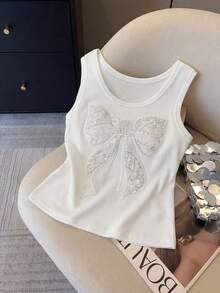 SHEIN 少女甜美可爱3D蕾丝珍珠蝴蝶结装饰图案方领吊带背心，适合日常、通勤、休闲、度假、朋友聚会、春夏穿着 - 白色 - 查看 5