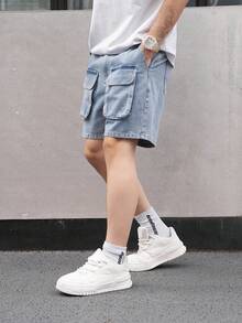 Manfinity Hypemode Plus Size Men's Casual Denim Cargo Shorts For Summer - Blue - View 4
