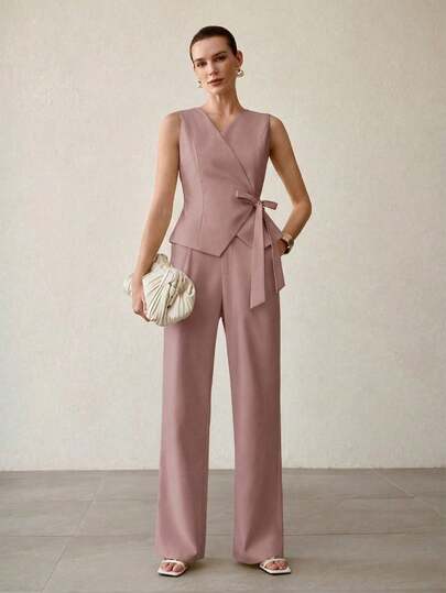 MOTF PREMIUM WOMEN'S ELEGANT SOLID COLOR SLANT POCKET PLEATED STRAIGHT LEG SUIT PANTS
