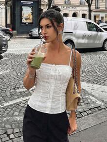 Lucivie 女士休闲优雅波西米亚风白色蕾丝无袖束身胸衣，系带设计 - 优雅女性化派对日常短款上衣，适合休闲度假/浪漫约会/上学/海滩度假/通勤等场合 - 白色 - 查看 7