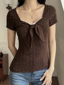 DAZY Women's Summer Loose Lace Patchwork Polka Dot Slim Fit Casual Short Sleeve T-Shirt Cute Tops - Brown - View 3