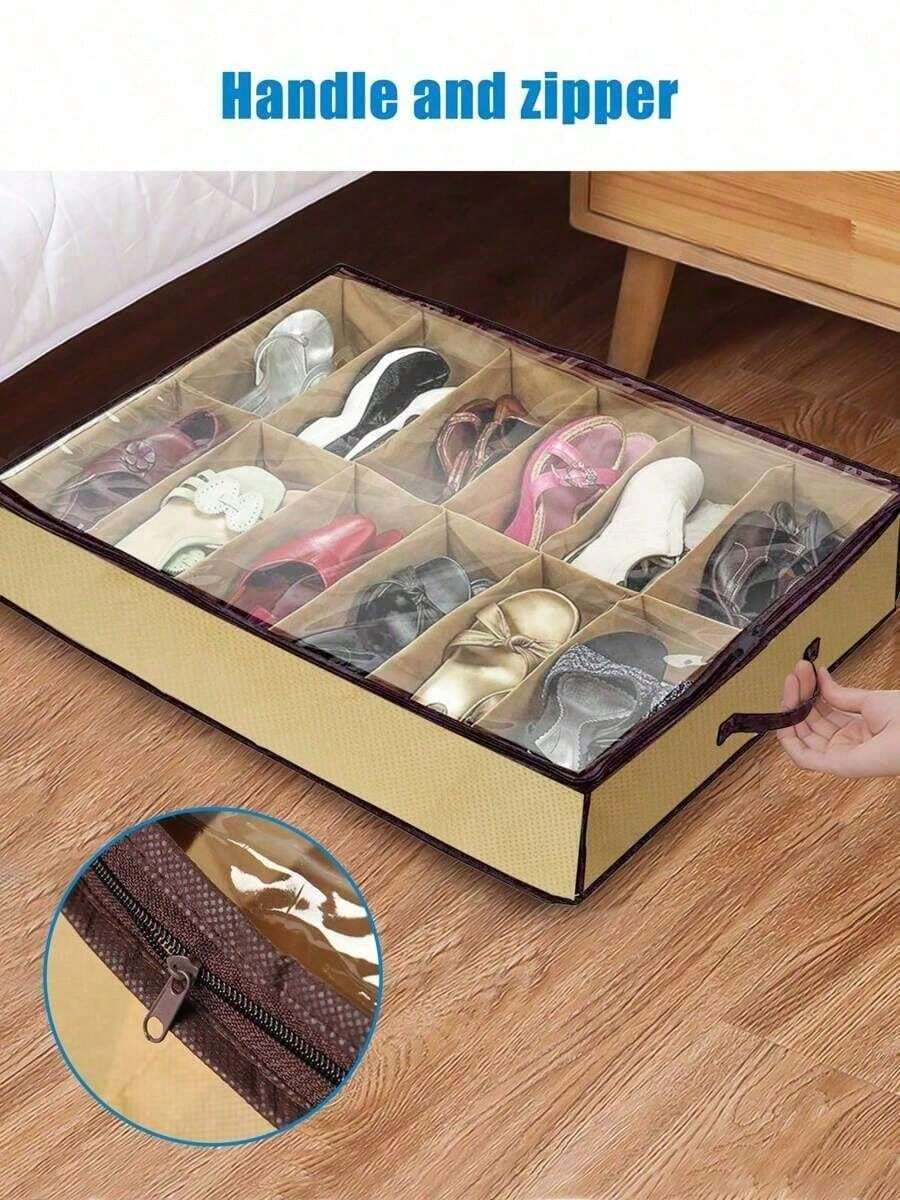 Caixa de Armazenamento de Sapatos de Lona Retrô, Caixa de Armazenamento Embaixo da Cama, À Prova d'Água, à Prova de Poeira e Resistente à Umidade. Estante de Sapatos Retangular Multiuso com Janela Transparente. Solução de Armazenamento Embaixo da Cama Adequada para Organizar Itens na Cozinha, Sala de Estar e Quarto. - Bege - Visão 1