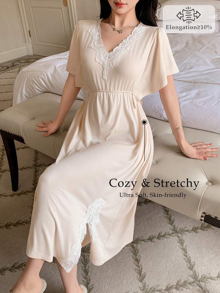 Elegant Lace Patchwork Soft Knit Waist-Cinched Mid-Length Women Nightgown, Summer