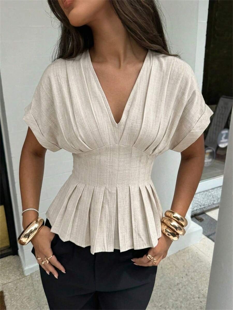 Aloruh Áo sơ mi nữ tay ngắn, màu trơn, cổ chữ V, thắt eo, chất liệu dệt kim, kiểu dáng thanh lịch, phù hợp mặc công sở.