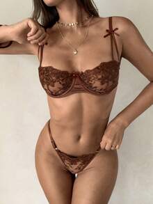 Aloruh 2件套浪漫花卉刺绣性感内衣套装女士 - 咖啡棕 - 查看 8