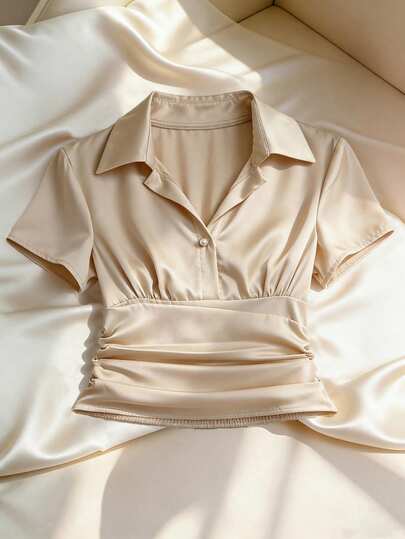 Franclia Camisa de popelina de manga corta con cuello de camisa y cintura plisada, elegante para uso diario