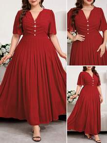 Reflora Red Plus Size Women V-Neck Ruched Waist Elegant Satin Party Summer Dress,Wedding Guest Formal Evening Gown,Prom Graduation Birthday Holiday Outfits - Red - View 11