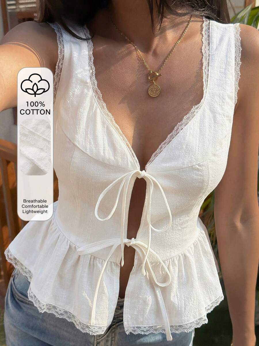 Strévra Damen Sommer Strand Party Urlaub ärmelloses Top, V-Ausschnitt Baumwolle Spitze Patchwork mit geraffter Taille - Weiss - Übersicht 1