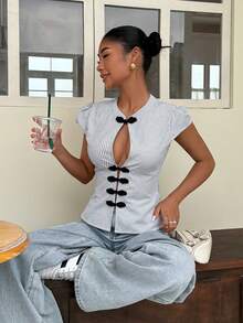 Muchica Blue Striped Woven Fitted Shirt For Women - Blue and White - View 4