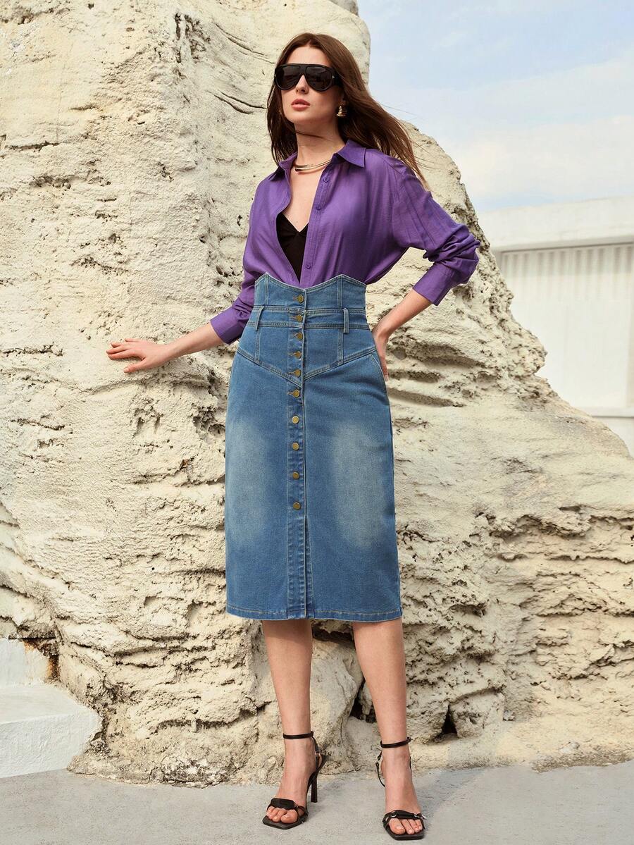 PREMIUM CHÂN VÁY NGẮN BẰNG VẢI DENIM MÀU XANH ĐẬM, CẠP CAO, XUÂN/HÈ - Rửa nhẹ - Xem 1
