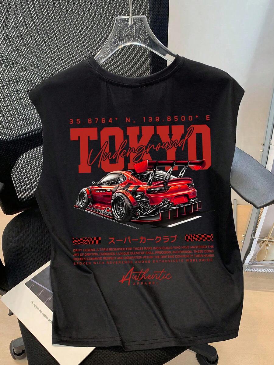 SHEIN Little Byeori Tween Boys Casual Minimalist Fashion Versatile, Cool Style, Car Graphic, American Retro, Loose Comfortable Round Neck Tank Top, Suitable For Summer - Black - View 1