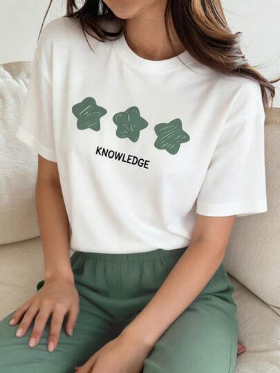 DAZY Simple Star & Letter Print Short Sleeve Top And Solid Color Pants Loungewear Set Pajama