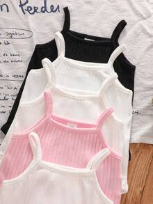 SHEIN Playful Pals 5 piezas Paquete de 5 conjuntos de ropa para bebé niña Recién nacido Niña bebé Conjuntos de ropa casual básica Estilo lindo y elegante Textura de punto acanalado Sólido Rosa Blanco Negro Camisetas de tirantes finos Tops de tubo Suave y transpirable Cómodo - Blanco - Ver 3