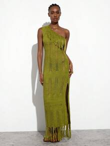 Maija 女士流苏露肩高开衩毛衣连衣裙 - 綠色 - 查看 3