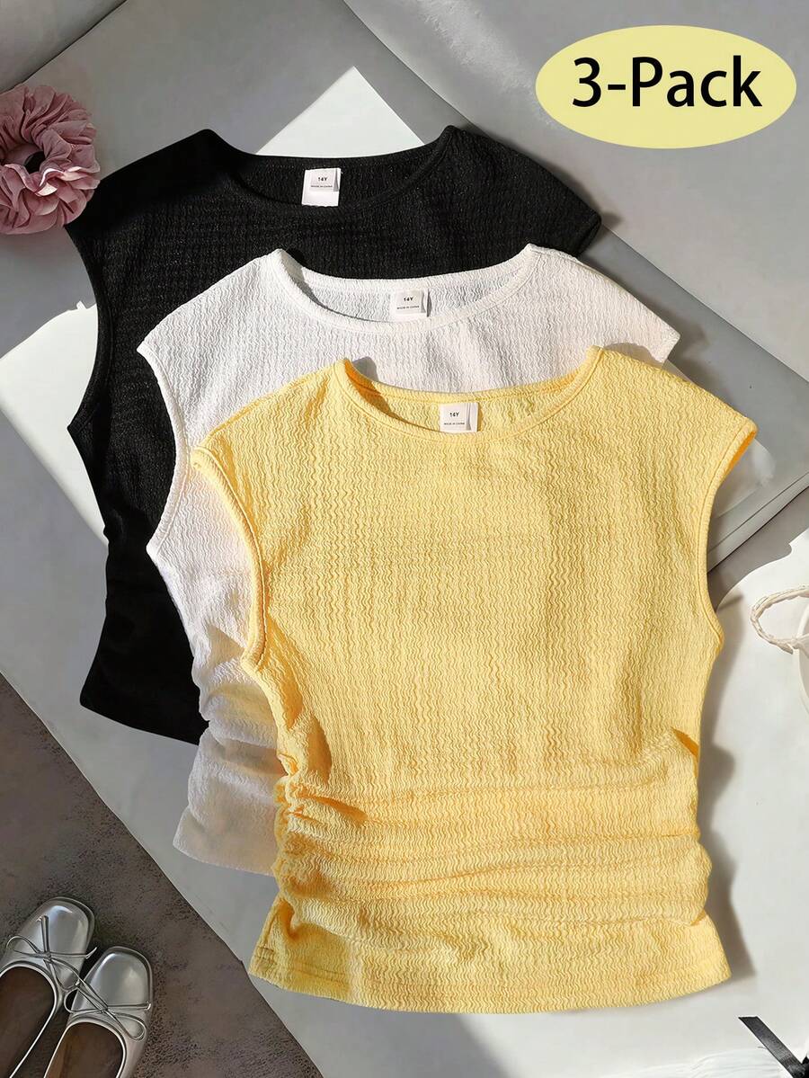 SHEIN 这是一套三件装的T恤,适合年轻女孩和青少年穿着。它们采用圆领一体式设计,宽肩无袖,修身剪裁,侧边略带褶皱。这些短袖上衣非常适合女孩们日常夏季穿着,而且很容易与其他服装搭配。 - 彩色 - 查看 1