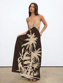 Aloruh 波西米亚风度假风撞色椰树印花系带连衣裙 - 棕色 - 查看 4
