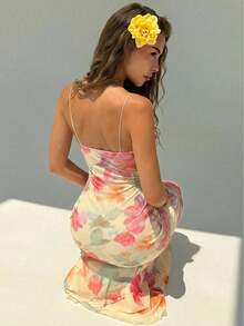 Aloruh 女士印花蕾丝拼接吊带连衣裙 - 咖啡棕 - 查看 2