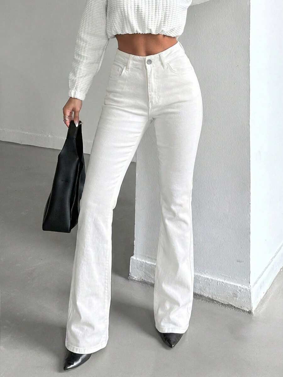 ZIRRA 女士高腰口袋休闲百搭喇叭牛仔裤 - 白色 - 查看 1