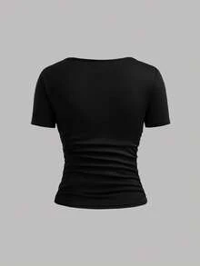 SHEIN Girlism 4-Pack Teen Girls' Casual Solid Color Square Neck Short Sleeve T-Shirts, Black And White, Summer, Graduation, Back-To-School, Comfortable Slim Fit Tee Tops - Multicolor - View 9