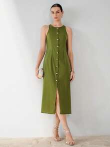 Aveloria Modichic Women's Olive Green Summer Elegant Tea Party Vacation Holiday Dress,Faux Linen Round Neck Asymmetric Metal Buckle Decor Waist Sleeveless Midi Dress - Green - View 7