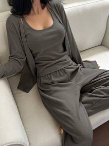 DAZY 3pcs Casual Knitted Ribbed Tank Top & Robe & Pants Loungewear Set, Fall Winter Clothes Pajama, Cozy Outfit - Grey - View 3