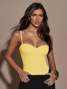 SHEIN BAE Women's Elegant Solid Color Sleeveless Bodysuit, Summer - Mustard Yellow - View 4