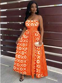 BamGleam Robe à bretelles fines avec imprimé mode et patchwork pour femme - Orange - Voir 1