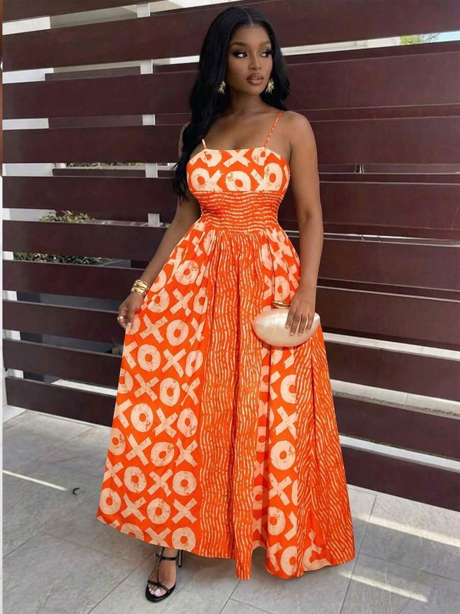 BamGleam Robe à bretelles fines avec imprimé mode et patchwork pour femme - Orange - Voir 1