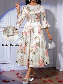 SHEIN Lady Đầm midi nữ thanh lịch in hoa, tay loe xếp ly, thích hợp dự tiệc. - Nhiều màu - Xem 1