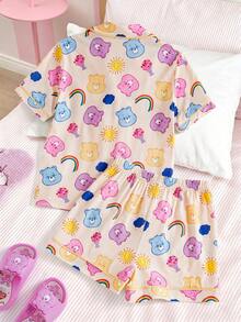 SHEIN X Care Bears Tween Girl Bear Print Short Sleeve Top And Shorts Pajama Set - Yellow - View 2