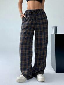 Muchica Plus Size Plaid Casual Everyday Pants - Brown - View 2