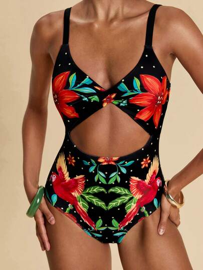 Travachic Women's Vacation Beach Floral & Bird Print Twist Hollow One-Piece Swimsuit