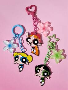 THE POWERPUFF GIRLS X SHEIN 3件套时尚可爱锌合金钥匙扣包挂件，花朵、泡泡和毛茛花图案，甜美可爱的花卉装饰 - 混色 - 查看 6
