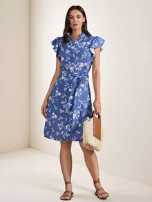 Briarwyn 女士蓝色背景白色碎花荷叶袖单排扣中长连衣裙，夏季连衣裙，女士碎花纽扣前开襟连衣裙，蓝色碎花连衣裙，女士蓝色春季连衣裙，女士纽扣连衣裙，女士衬衫连衣裙，女士夏季蓝色碎花连衣裙，女士短款春季连衣裙 - 藍色 - 查看 4