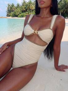 Vaytide 女士度假派对海滩专用面料细肩带露背连体泳衣夏季 - 杏色 - 查看 2