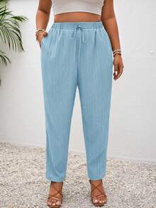 SHEIN Frenchy Plus Size Vacation Solid Color Knotted Casual Pants With Pockets - Baby Blue - View 3