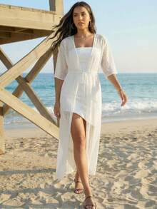 Swim Lushoire 女士仿钩编抽绳半袖和服罩衫 - 米色 - 查看 7