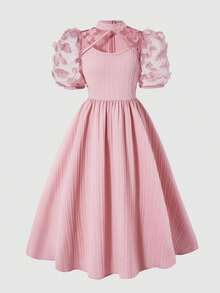 SHEIN Girls' Blue Textured Fabric Dress With Pearl Beaded Sleeves, Hollow Bowknot Decor, Suitable For Elegant And Occasions - Blue - View 5
