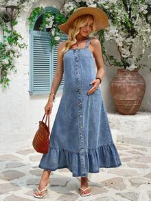 Đầm denim bầu không tay, cài cúc, viền bèo nhún, kiểu dáng thường ngày, thích hợp cho mùa xuân/hè. - Rửa trung bình - Xem 4