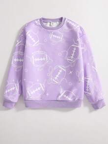 Tween Girl Bow Print Round Neck Drop Shoulder Casual Sweatshirt, Autumn/Winter - Purple - View 1