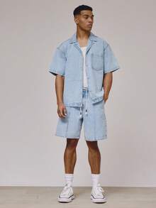 Musero Oversized Washed Short Sleeve Jean Style Jacket Revere Collar Button Through Front Pocket Denim Shirt Top Spring Summer Holiday Essentials - Light Wash - View 5