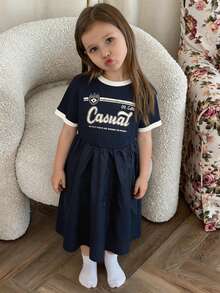 DAZY Girls Casual Round Neck Printed Short Sleeve Dress, Fall - Navy Blue - View 1