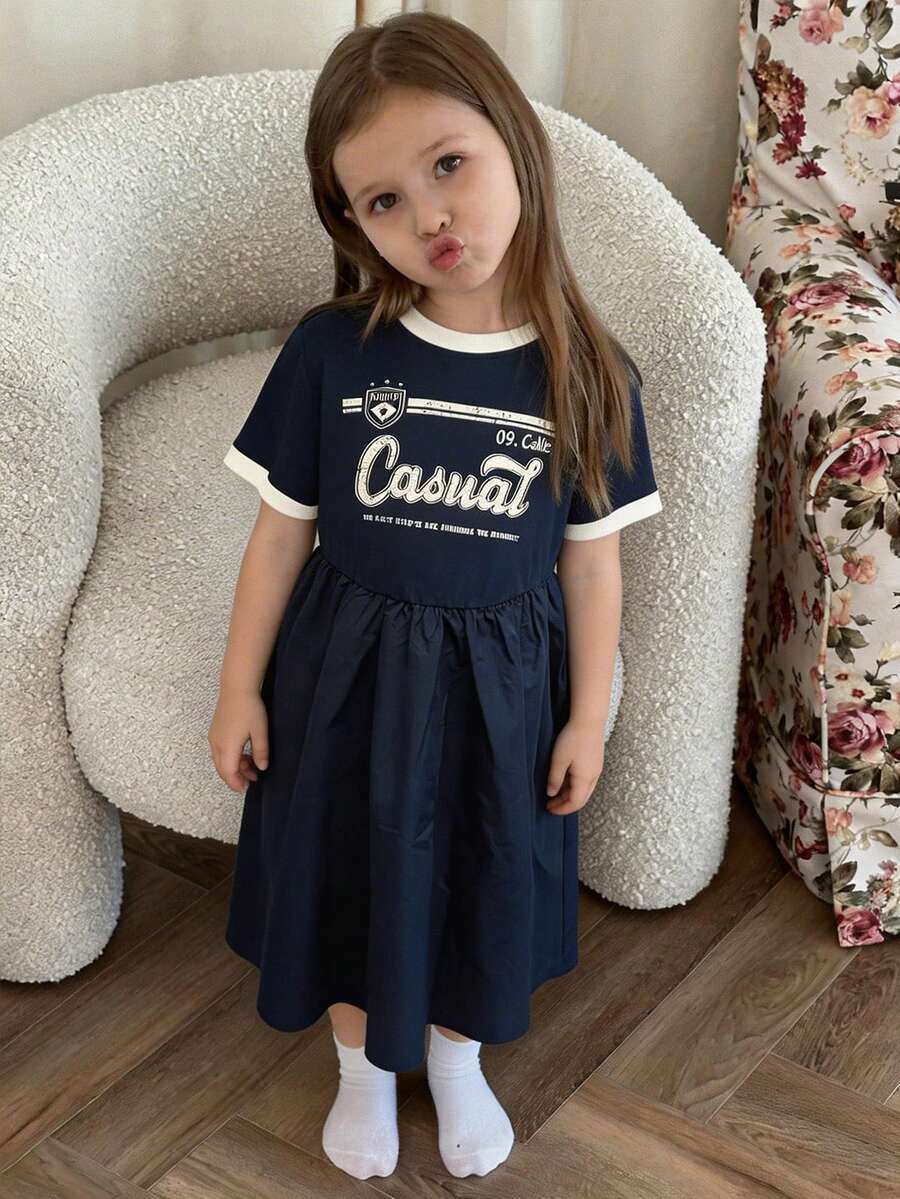 DAZY Girls Casual Round Neck Printed Short Sleeve Dress, Fall - Navy Blue - View 1